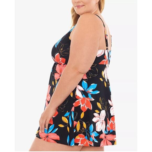 SWIM SOLUTIONS Black Pink Floral Print One Piece Swim Dress 18  $119 - NWT - Picture 2 of 5